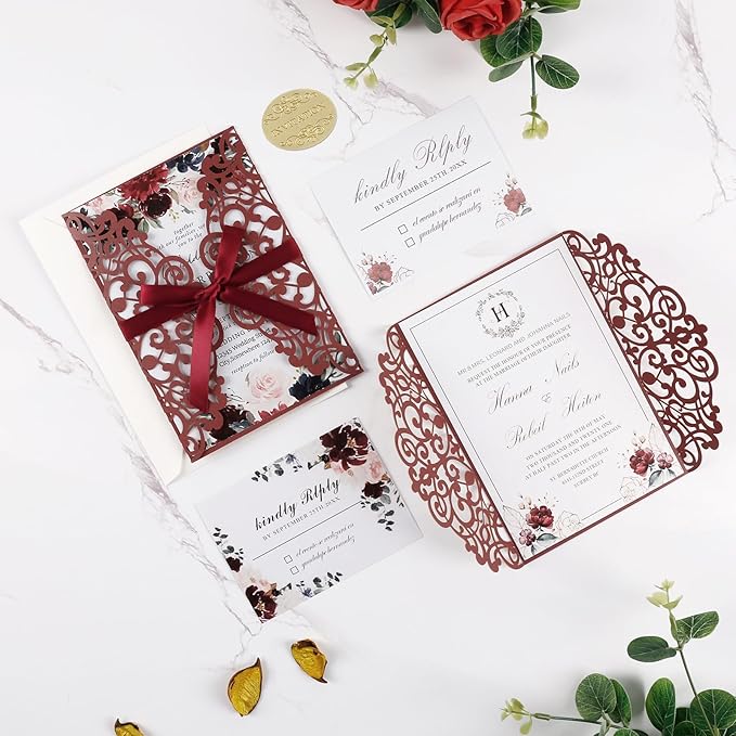 50pcs Burgundy Wedding Invitation Cards Pocket with Envelope Blank Inner Sheets Ribbons laser Cut invitations for Wedding Bridal Shower QuinceañEra Engagement Birthday Invites