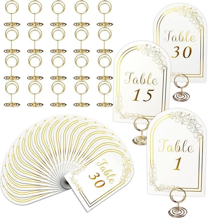 Wedding Table Numbers 1-30, 30 White Gold TableNumber Cards with 30 Gold Number Holders, 1 Set of 30 Table Numbers for Wedding Reception(Card and Holder)
