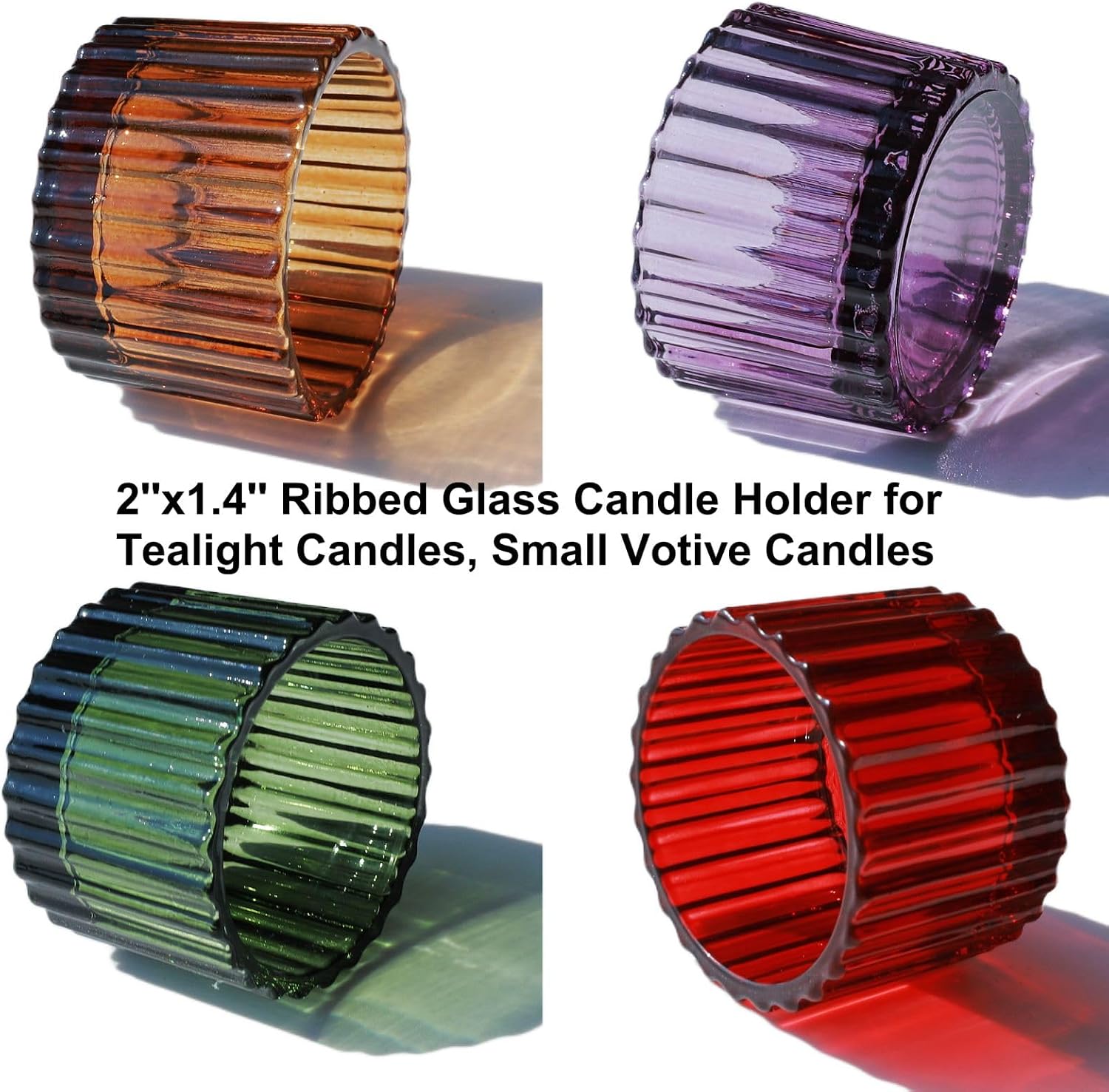 VOHO 4 Colors Tealight Candle Holder Fall Decor Set of 12, Votive Candle Holders for Table Centerpiece, Ribbed Tea Light Candle Holder Glass for Halloween/Thanksgiving/Christmas Decorations/Gifts