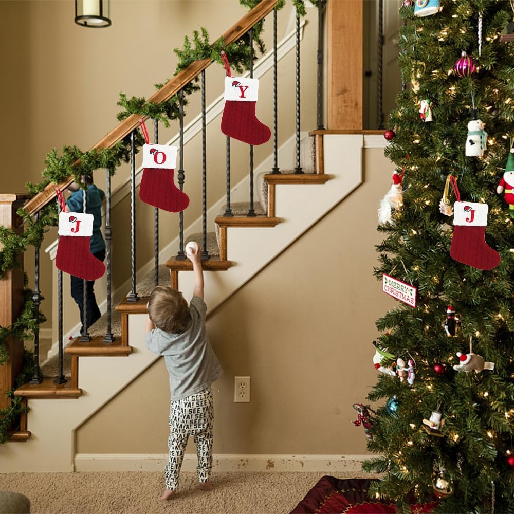 Threetols Christmas Stockings with Initial, Small Embroidered Letter Knit Red White Christmas Stocking Letter Monogram Hanging Xmas Stockings for Family Christmas Tree Fireplace Decoration (J)