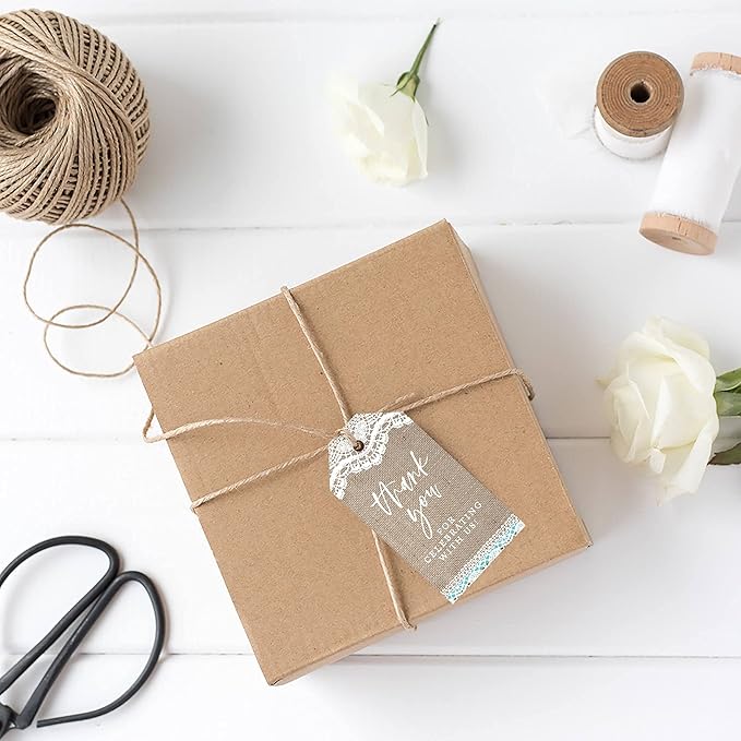 Andaz Press 100-Pack Thank You for Celebrating with Us Favor Tags Burlap Lace Cardstock Gift Tags with Bakers Twine for Wedding Baby Shower Bridal Shower Birthday Party Favors 2 x 3.75-Inches