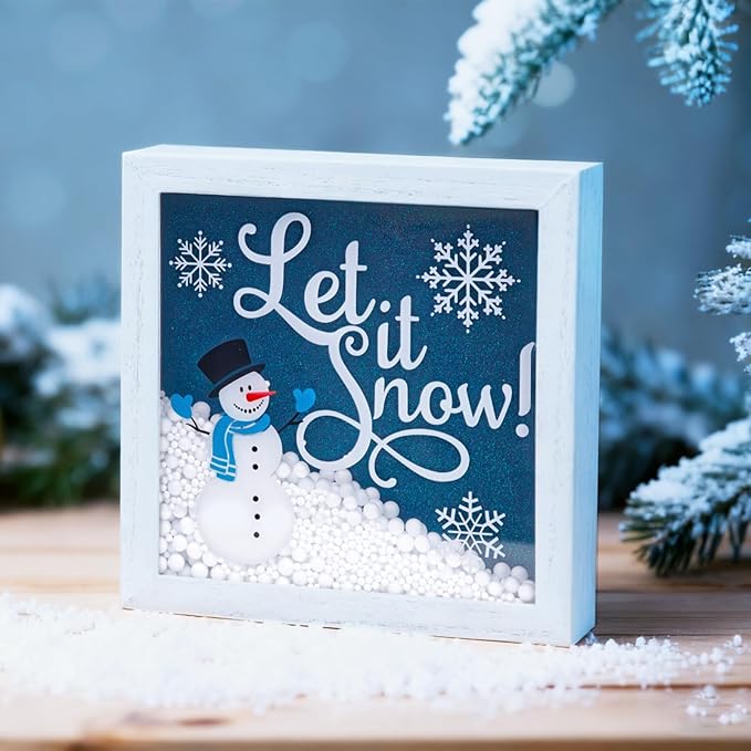 Christmas Wooden Tabletop Sign Blue Snowman with Snowflake Block Sign Xmas Table Centerpiece for Winter Holiday Party Home Shelf Fireplace Mantle Decoration