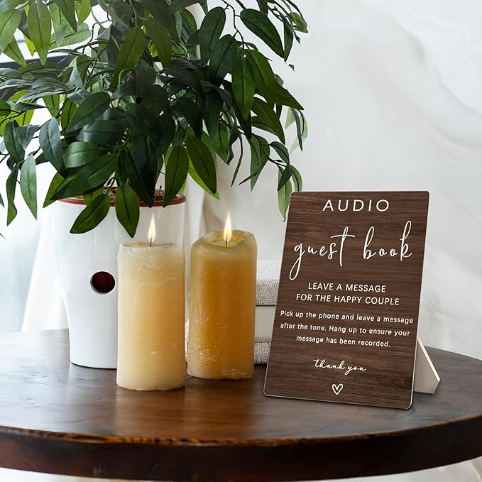 Audio Guestbook Sign, Audio Phone Guestbook Wooden Stand 5x7inch, Wedding Telephone Phone Audio Message Guest Book Sign, Wedding Table Decoration (Brown)