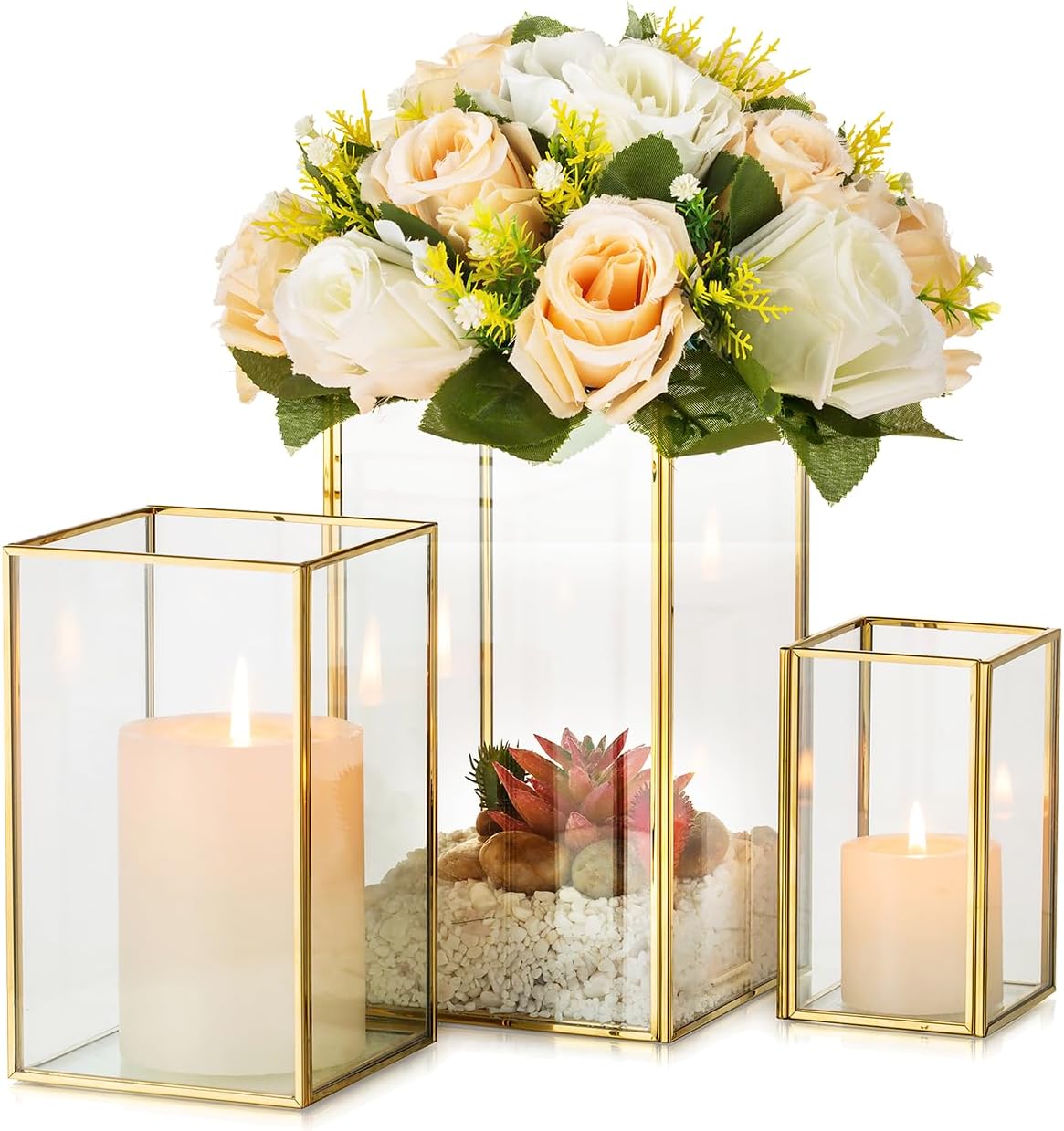 Hewory Glass Hurricane Candle Holder: Gold Hurricane Candle Holders with Metal Frame Square Set of 3, Clear Candle Holder for Table Centerpiece Wedding Christmas Engagement Birthday Party Decorations