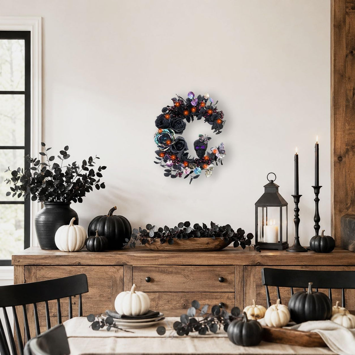 18 inch halloween wreath for front door, iridescent, side view