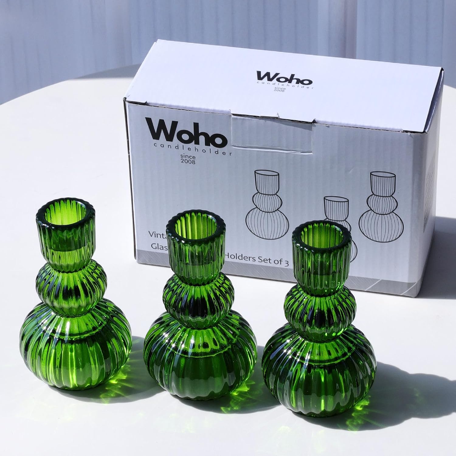 Woho Candlestick Holders Set of 6 for Christmas Decorations, 4.3" Ribbed Glass Taper Candle Holders for Spring Wedding Table, Vintage Candle Sticks Holder Decor for St. Patrick's Day/Daily Home Decor