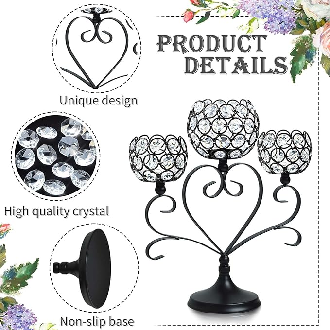 2 Pcs 3-Arm Heart Tea Light Candle Holder - Crystal & Metal Wedding Centerpiece Decor, Sparkling Table Decor for Anniversaries/Romantic Tabletop Home/Dinner Party/Events (2, Black)