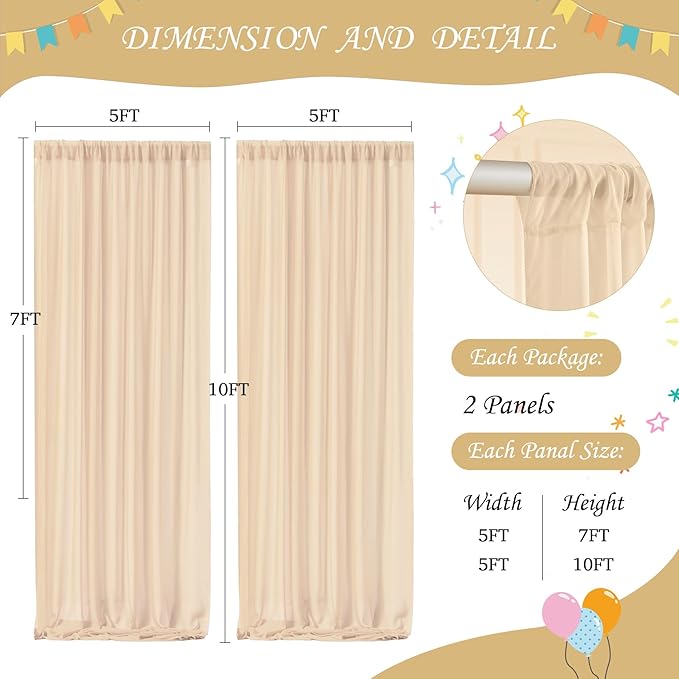 10ft x 10ft Champagne Chiffon Backdrop Curtain with Lights String for Parites Wedding Wrinkle Free Curtain Photo Backdrops Drapes for Baby Shower Birthday Party Home Decorations