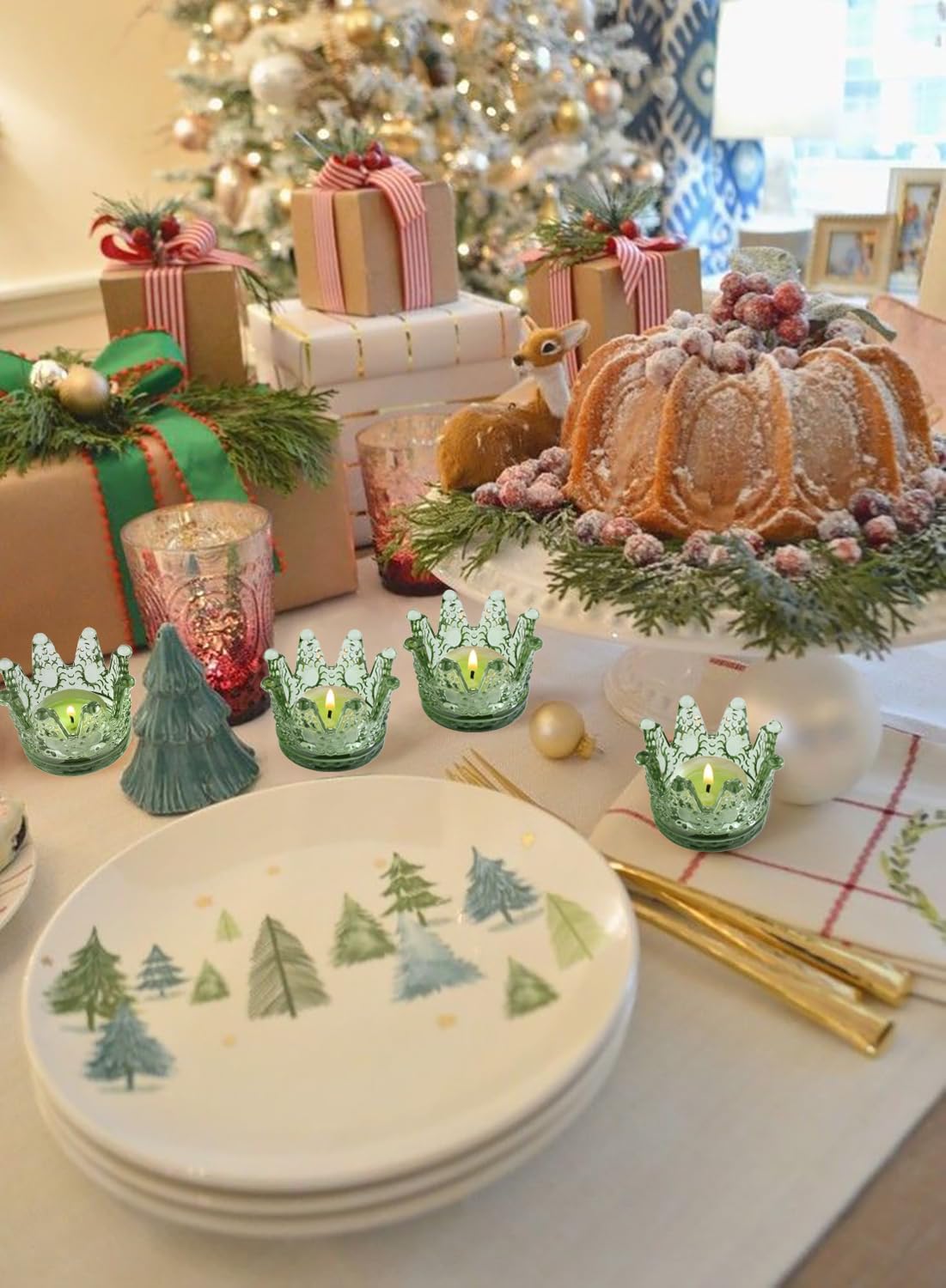 Vixdonos Votive Candle Holders Set of 6 Crown Glass Tealight Candle Holder for Wedding, Party and Home Decor(Green)