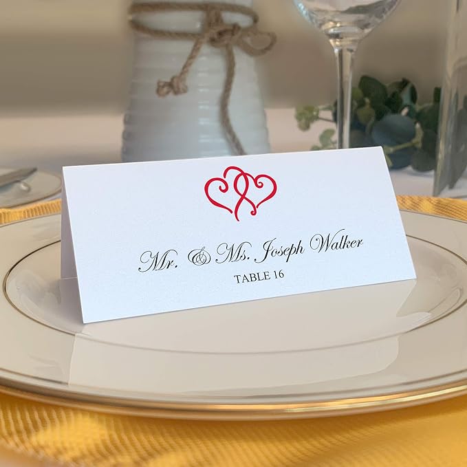 Linked Hearts Printable Place Cards, Ruby Red (Choose Color), Set of 150 (25 Sheets), Laser & Inkjet Printers - Wedding, Party, Dinner, and Special Events - Made in the USA