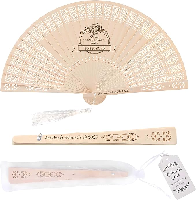 50 PCS Custom Fans Personalized Folding Fans for Line Dancing Wooden Hand Fan Wedding Favors Bulk Fans for Guests Party Event Use (Style04)