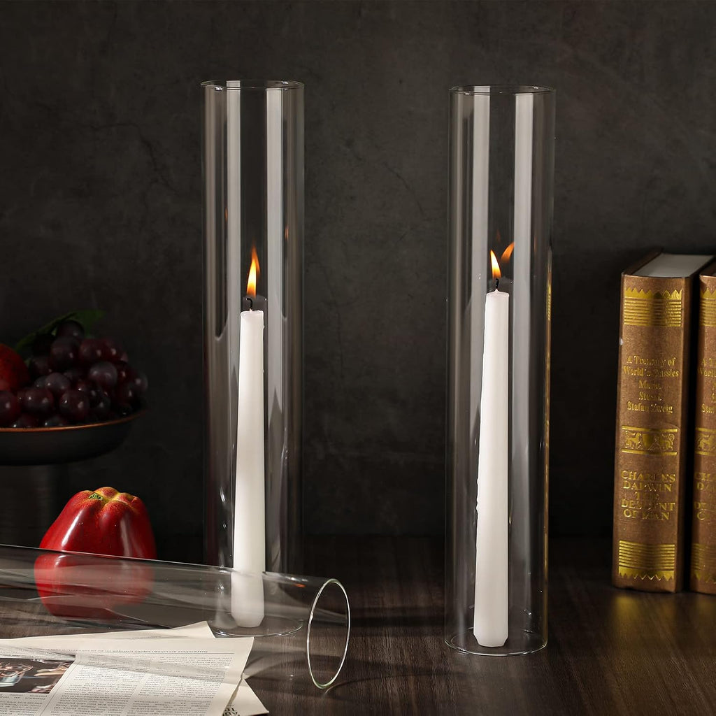 Treela 6 Pcs 2.5" W x 14" H Hurricane Candle Holder Sleeve Bottomless Glass Cylinder Candleholder Sleeve Tall Candle Glass Cover Clear Open Ended Shade Chimney Tube Cover for Pillar Taper Lamp