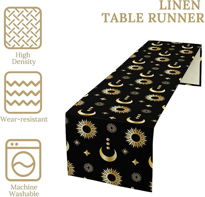 Magic Gold Sun Moon Stars Table Runner Mystical Farmhouse Rustic TableRunner for Party Holiday Dining Room Kitchen 13x90 Inch