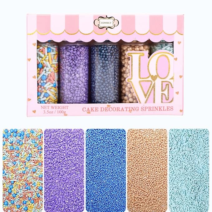 Confect Sprinkles Mix – Pack of 5 Assorted Cake & Cupcake Decorating Sprinkles – Bright Blue, Rose Gold & Gold Dragees, Baby Blue Jimmies, Purple Sparkling Sugar | Aquamarine Party Sprinkles– Vegan, Gluten-Free, Nut-Free, Soy-Free, Dairy-Free, Palm Oil...