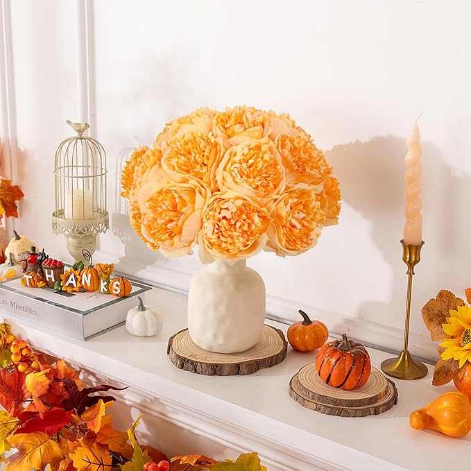 U'Artlines Artificial Peony Silk Flower with Stems 10pcs Real Look Vintage Peonies for Home Wedding Decoration (Orange)