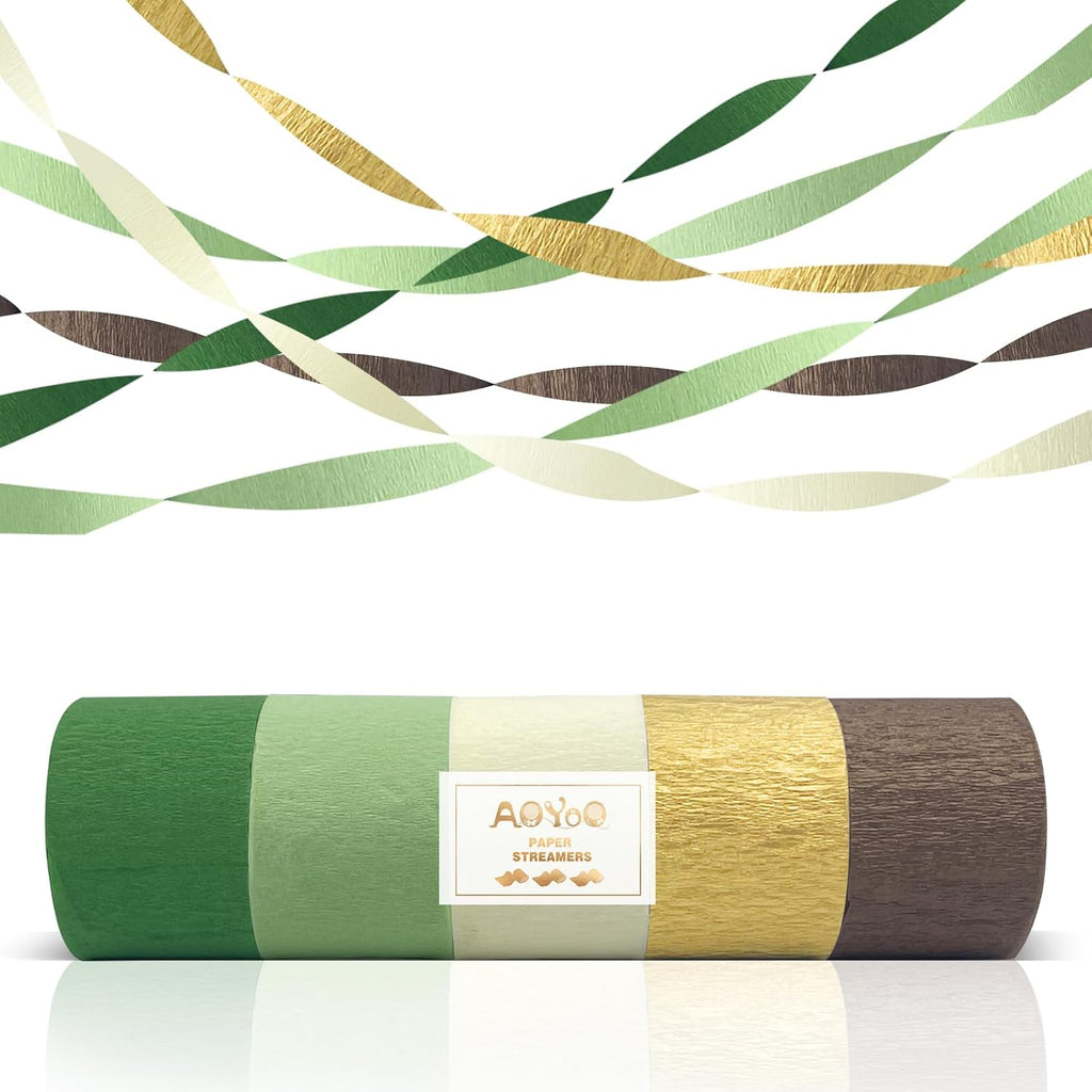 AOYOO 5 Rolls Crepe Paper Streamers - Sage Olive Green, Gold & Ivory Party Decorations for Wedding, Bridal Shower, Engagement, Boho Eucalyptus Birthday Backdrop St. Patrick's Day (Not Fabric Ribbon)