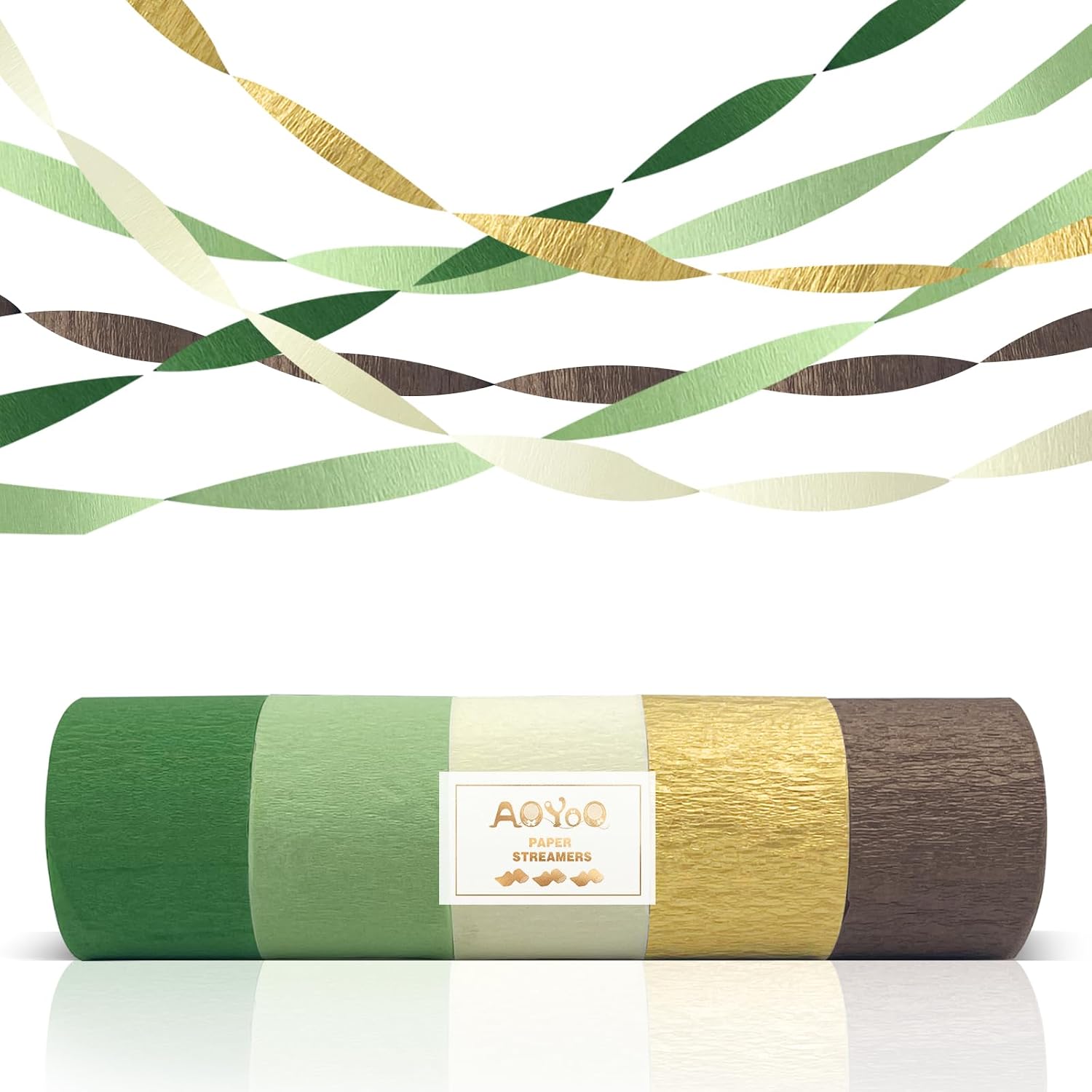 AOYOO 5 Rolls Crepe Paper Streamers - Sage Olive Green, Gold & Ivory Party Decorations for Wedding, Bridal Shower, Engagement, Boho Eucalyptus Birthday Backdrop St. Patrick's Day (Not Fabric Ribbon)