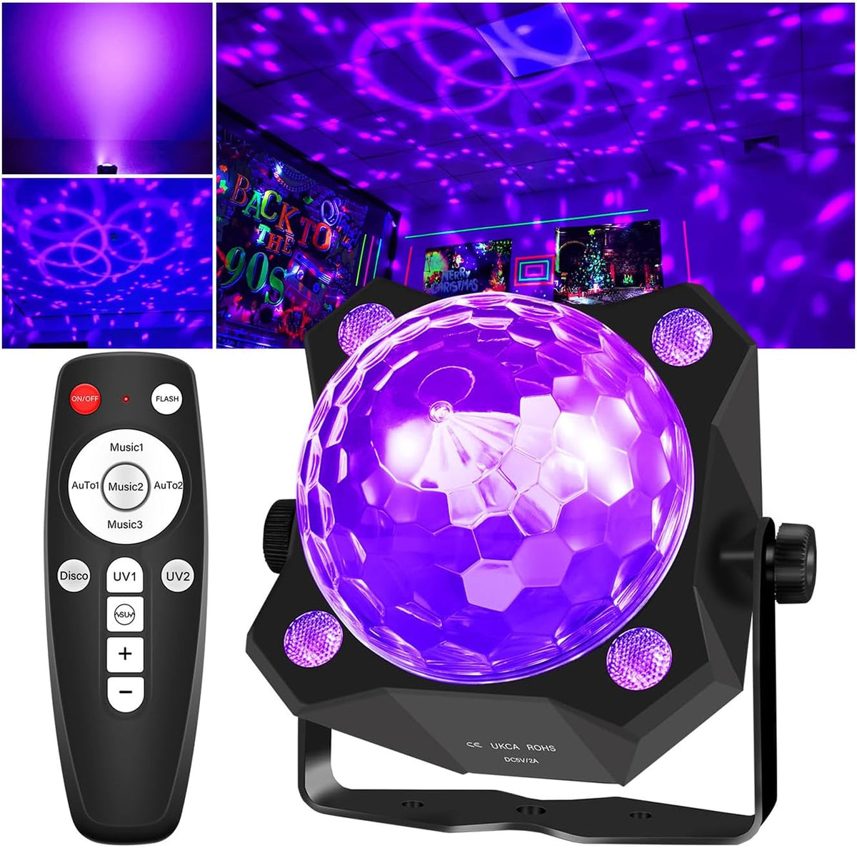 2 in 1 Glow Party Black Light Disco Ball Light with Sound Activated Strobe Dj...