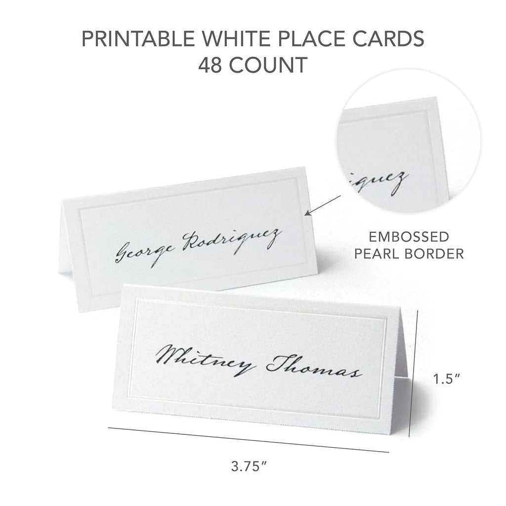 Gartner Studios White Pearl Place Cards,White Cardstock Table Placecards with Pearl Border for Wedding, Printable on Laser/Injet Printers, 210GSM, 3.75” X 1.75” 48 Count (83001)