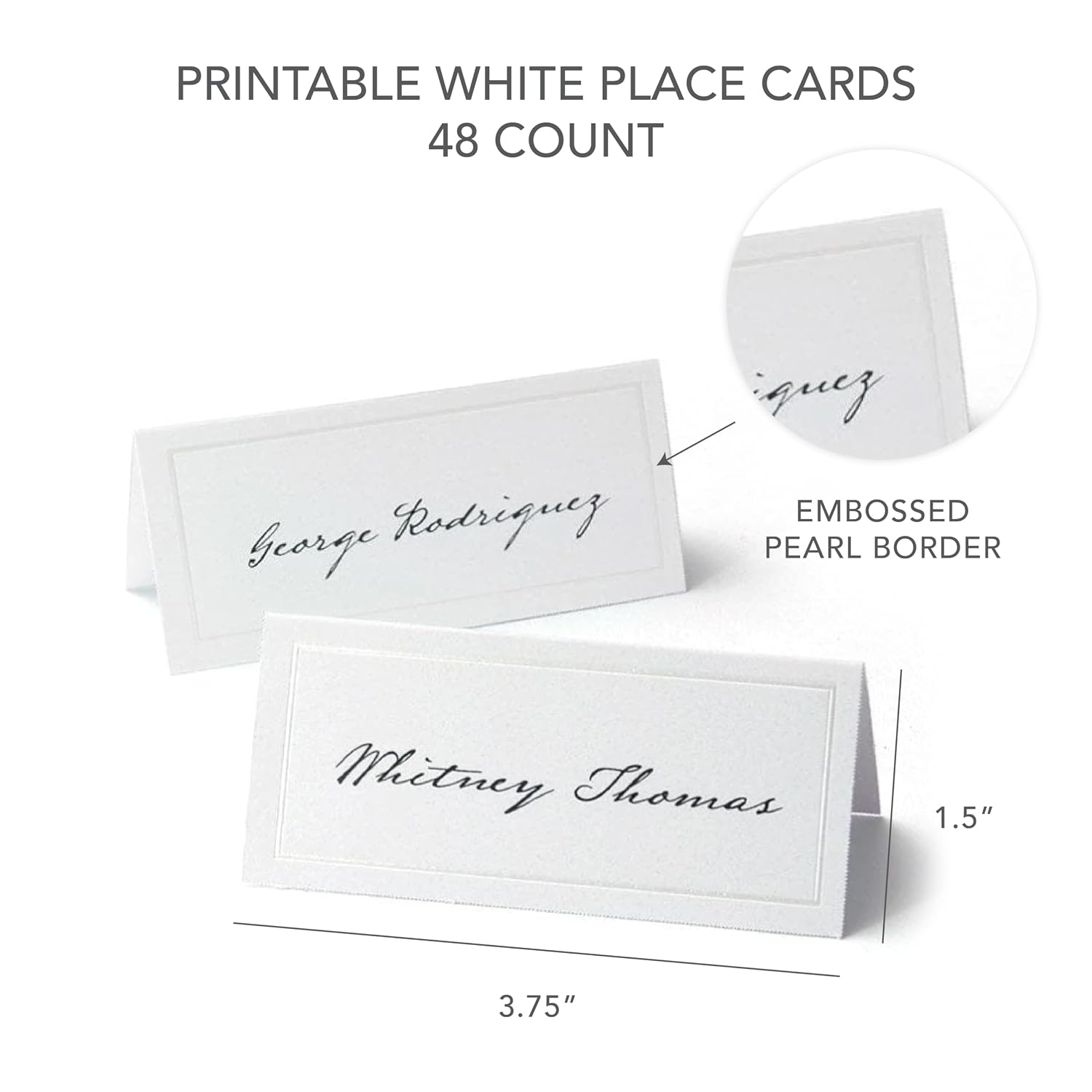 Gartner Studios White Pearl Place Cards,White Cardstock Table Placecards with Pearl Border for Wedding, Printable on Laser/Injet Printers, 210GSM, 3.75” X 1.75” 48 Count (83001)