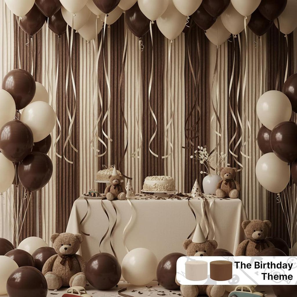 PartyWoo Brown Crepe Paper Streamers 10pcs 820ft Pack of Boho Neutral Metallic Gold Sand White Crepe Paper Streamers for Birthday Baby Shower Wedding Graduation Woodland Jungle Fall Party Decorations