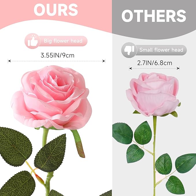 Tifuly Pink Roses Artificial Flowers - 12 pcs Realistic Single Long Stem Fake Silk Roses Bouquet for Party Home Wedding Centerpiece Office DIY Decor