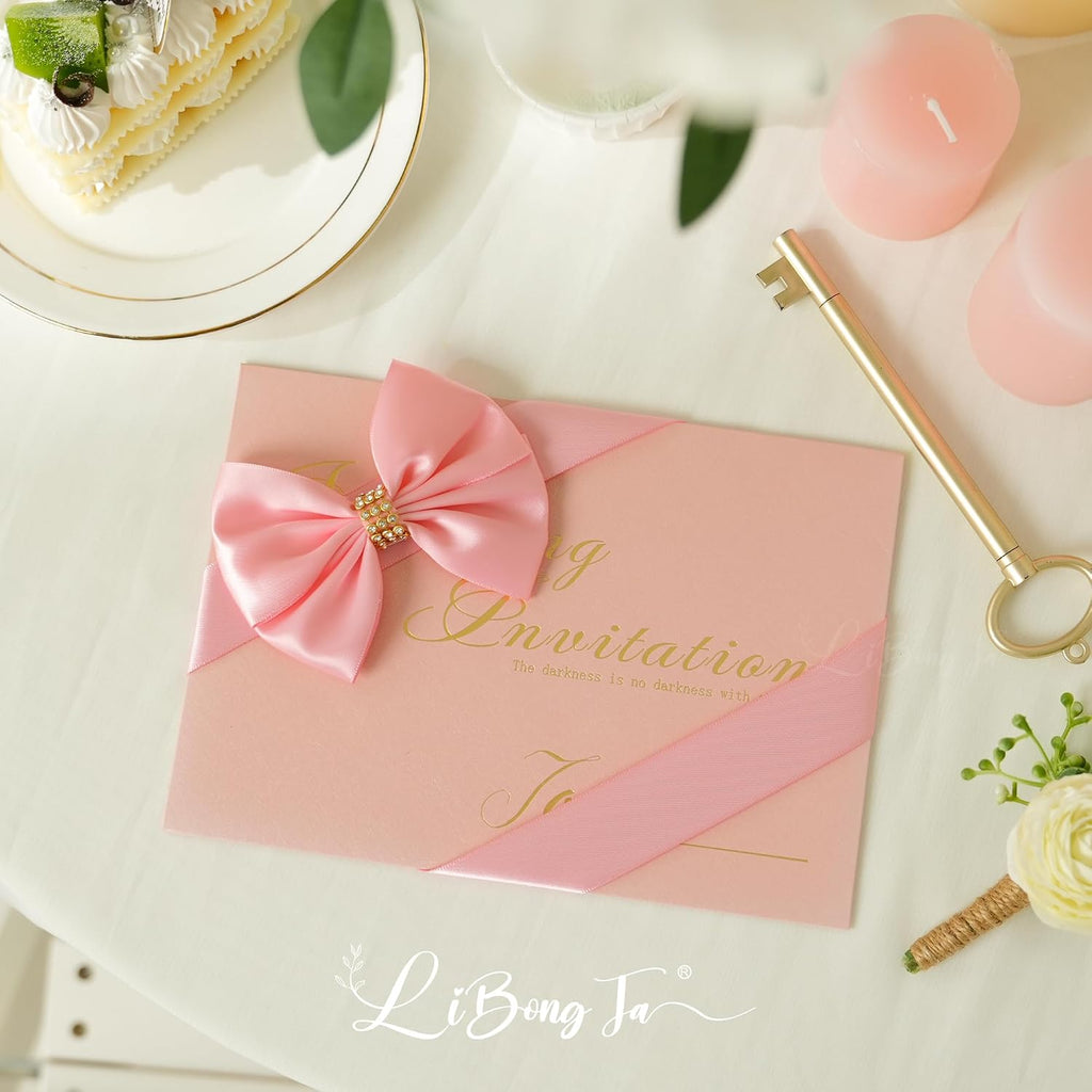 Pink Satin Bows 12 PCS Premade Self Adhesive 3.5" Gift Bows with Rhinestone for Wedding Party Event Decor Gift Wrapping Craft Baby Shower Wedding Treat Bags Presents Making Greeting