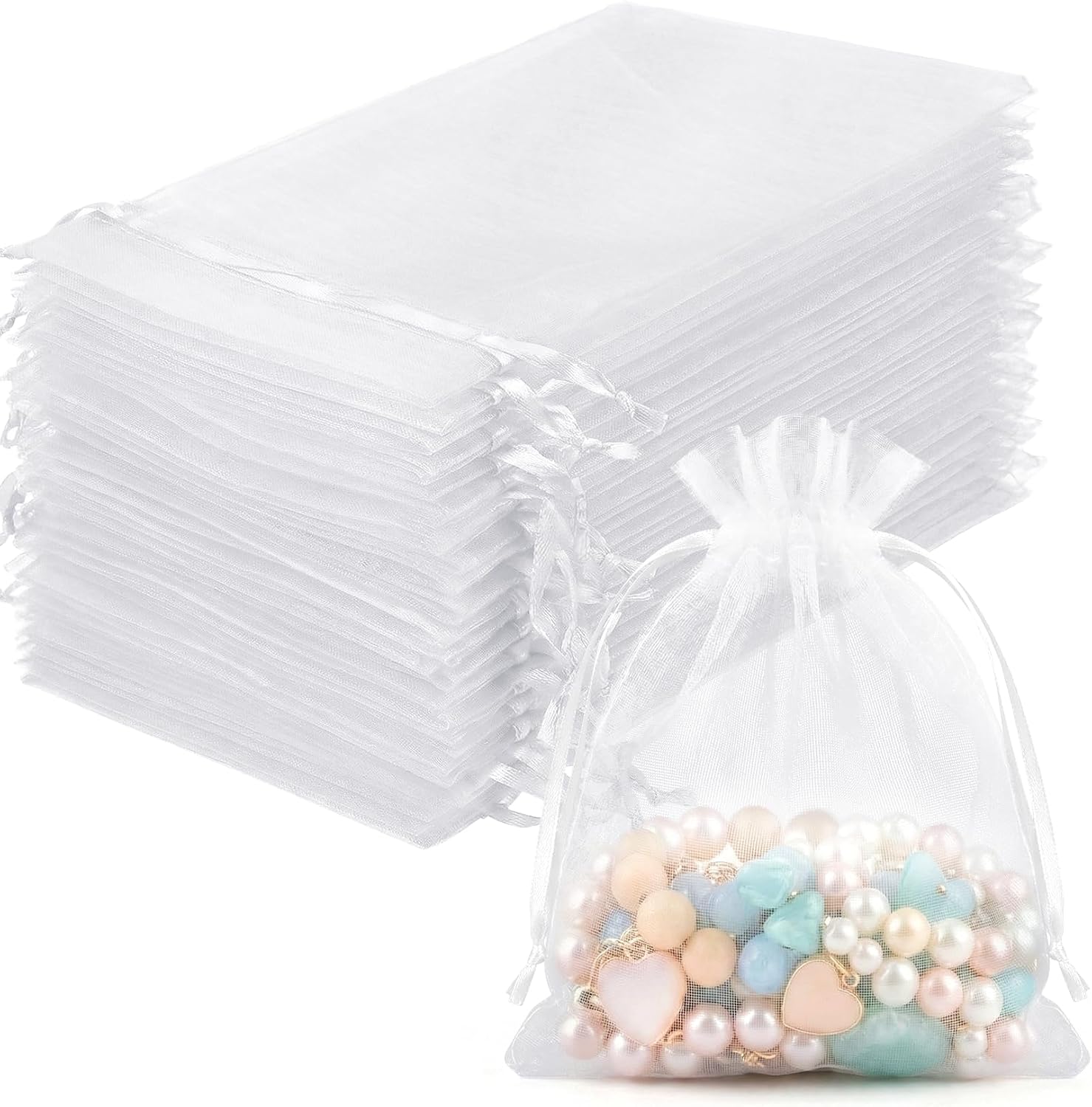 FUNFERY 100 Pcs White Organza Bags 3x4 in, Small Mesh Drawstring Gift Bags for Sachet, Jewelry, Wedding Favor, Candy Goodie Treat Bag,Easter Day