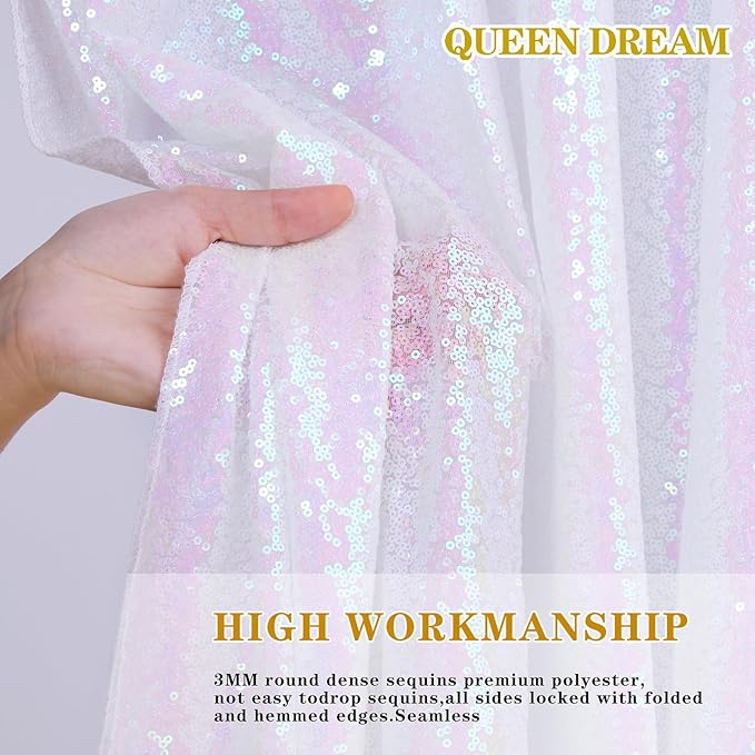 QueenDream Iridescent Mermaid Themed Party Decorations: 90x90 Inch Sequin Table Cloths White Birthday Tablecloth Glitter Fabric Overlay
