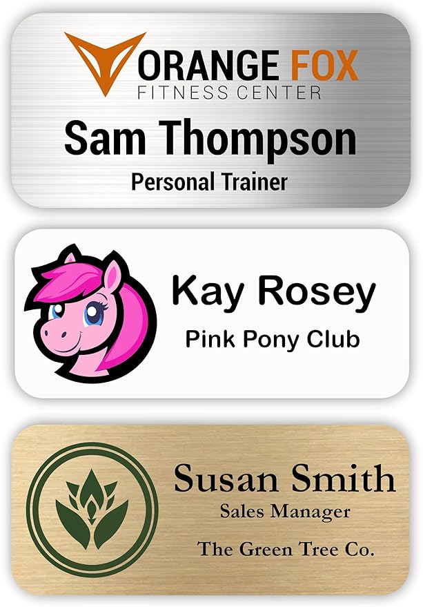 Custom Name Tag with Logo - Personalized Name Badge with Magnet Backing - Choose Your Size and Color (Silver Metal 3"x1.25" - Logo on Left)