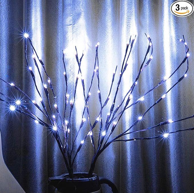 3 Pack Cool White Lighted Twig Branches 60 LED Lights Artificial Tree Willow Branches Lamp for Home Holiday Party Decoration Decor Battery Operated