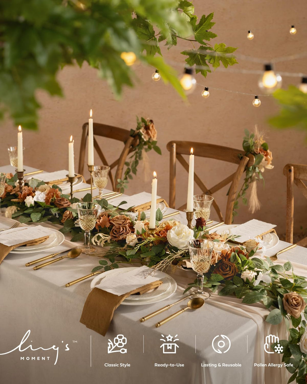 Ling's moment Flower Garland - 6FT Eucalyptus & Rose - Sweetheart Table Decor for Wedding Reception, Artificial Floral Garland for Mantle, Spring Garden Ceremony, Christmas Decoration, Beige Brown