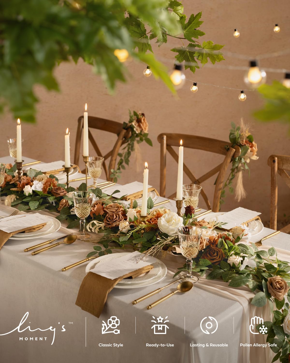 Ling's moment Flower Garland - 6FT Eucalyptus & Rose - Sweetheart Table Decor for Wedding Reception, Artificial Floral Garland for Mantle, Spring Garden Ceremony, Christmas Decoration, Beige Brown