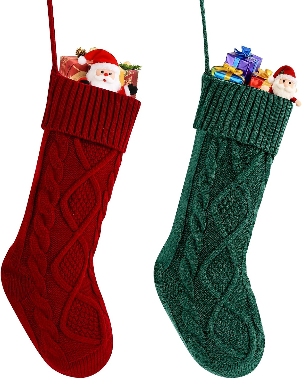 NOT HOME Christmas Stockings 2 Pack, 18 Inches Red and Green Knitted Christmas Stockings, Large Size Burgundy and Dark Green Knit Christmas Stocking Gifts for Family Christmas Decorations