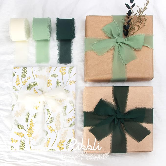 Ribbli Sage Green Chiffon Ribbon 1-1/2 inch x 30 Yard Handmade Fringe Chiffon Sage Silk, Sage for Wedding Invitations, Bridal Bouquets Wrapping, Flower Arrangement Decoration