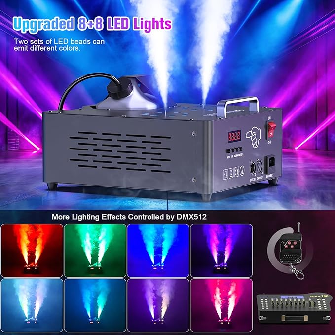 2000W Professional Fog Machine Dual Nozzle with 16 RGB LED, DMX Control Adjustable Smoke Direction, 2.5L Tank LCD Display 30000CFM for Halloween Christmas Stage DJ Party Club Events