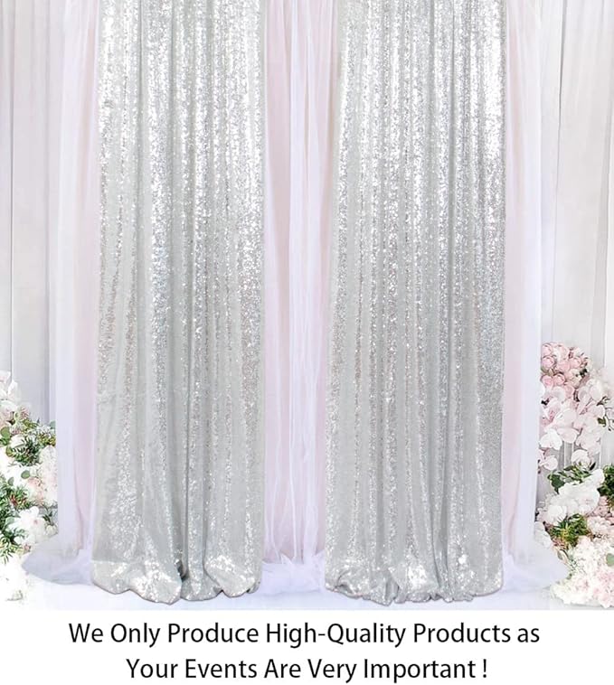 ShinyBeauty Sequin Curtains 2 Panels Silver 2FTx8FT Sequin Photo Backdrop Silver Sequin Backdrop Curtain Pack of 2-1011E
