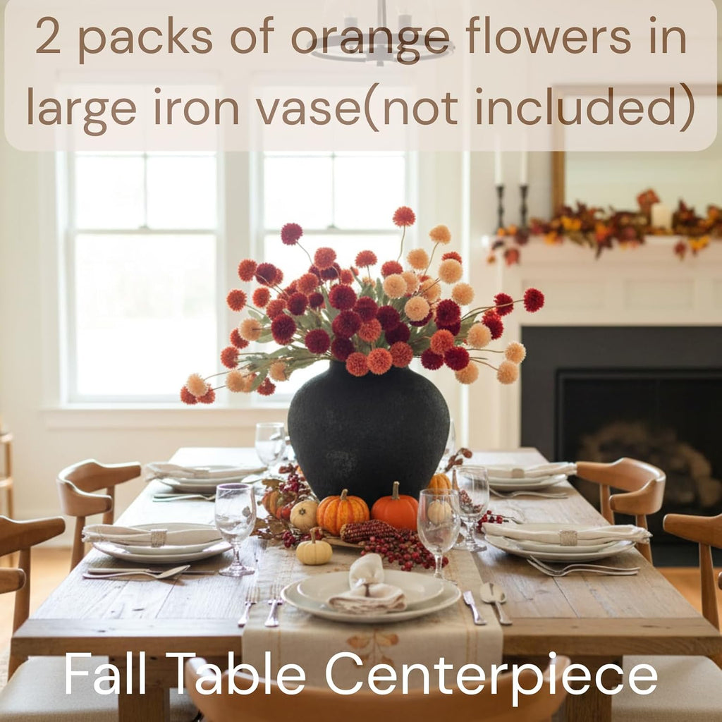 faux fall flowers, burnt orange artificial floral stems, close-up detail