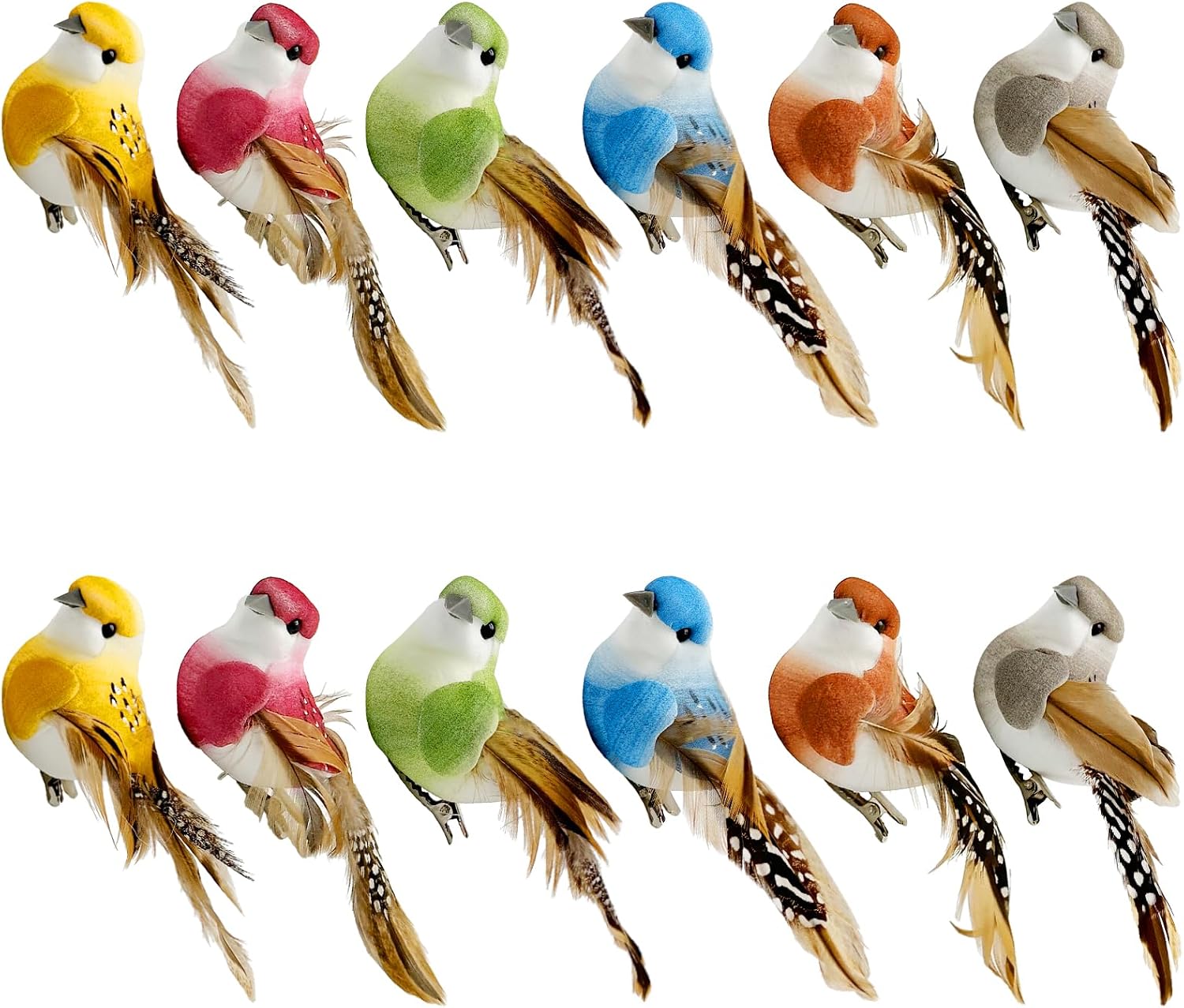 LWINGFLYER 4Inch Fake Birds Multicolor Clip on Bird Spring Feather Tree Ornaments for Wreaths Crafts Floral Arrangements Garden Birthday Party Decor
