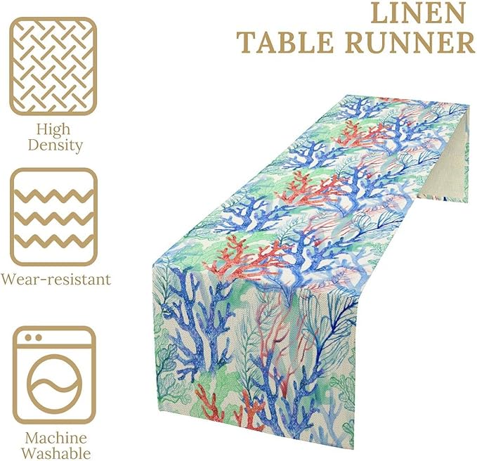 Summer Shell Starfish Table Runner, Seasonal Spring Summer Tropical Ocean Beach Indoor Party Kitchen Outdoor Table Decor 13x108 Inch