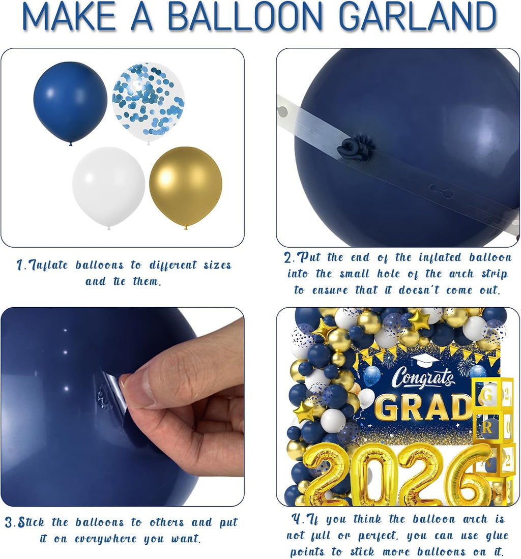 navy blue and gold graduation balloons garland arch on a desk or shelf
