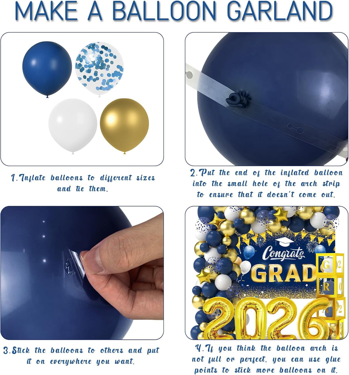 navy blue and gold graduation balloons garland arch on a desk or shelf