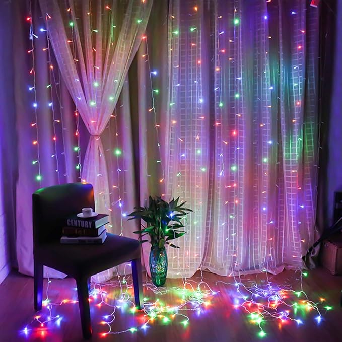 Brightown 300 LED Curtain String Lights, 9.8 FT Hanging Fairy Lights with Remote, 8 Modes, Connectable Waterproof Window Lights for Bedroom Backdrop Wedding Outdoor Christmas Party, Multicolor