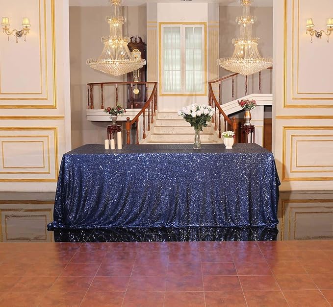 SquarePie Sequin Tablecloth Rectangular 60 x 102 Inch Navy Blue Sparkly Table Linen for Wedding Party