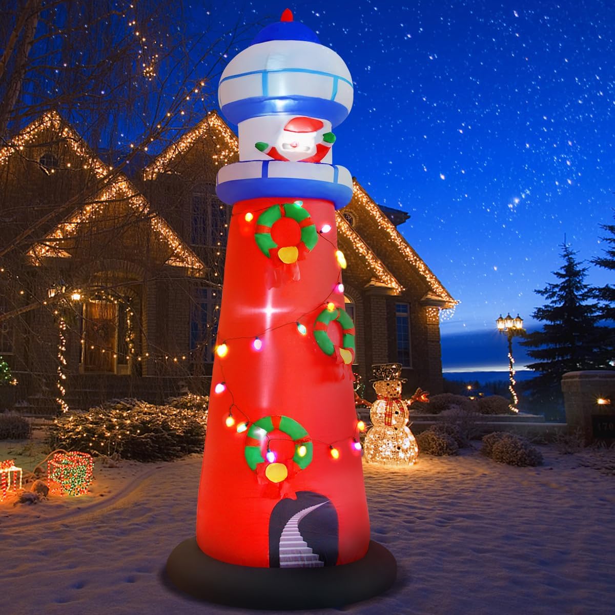 christmas inflatable lighthouse decorations, 10ft giant blow up shown in use