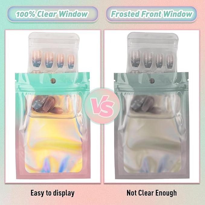 Funfery 100 Pack Gradient Holographic Bags,Mylar Resealable Bag with Zipper,Clear Window Packaging Pouch,Smell Proof Bags for Food Storage,Sample Jewelry Baggies(6.3x9.4In,Green Pink)