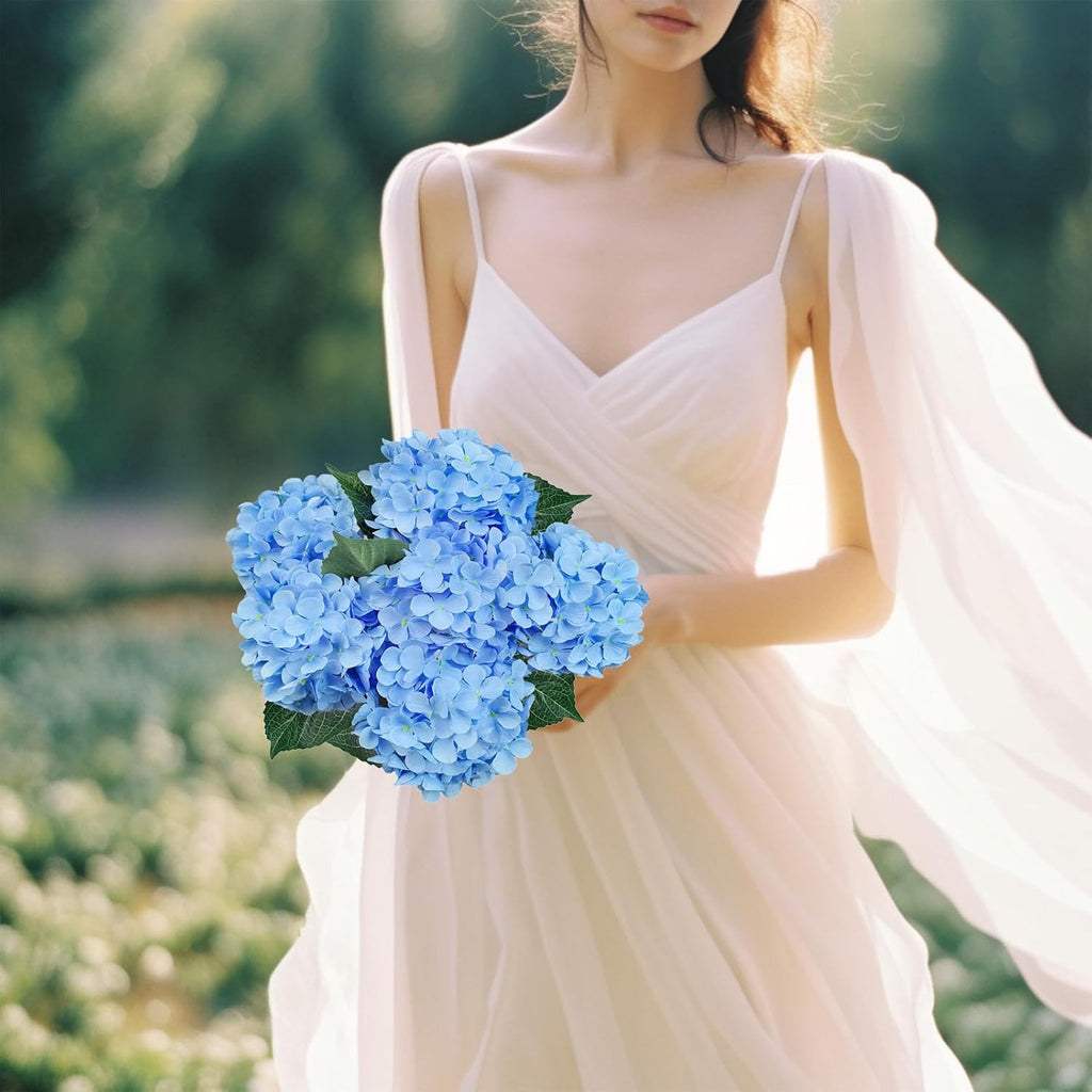 6PCS Premium Blue Silk Hydrangea Artificial Flowers Bouquets - Realistic Fake Hydrangea with Stems, Faux Flower Arrangement for Home Wedding Party Baby Shower Table Centerpieces Decoration