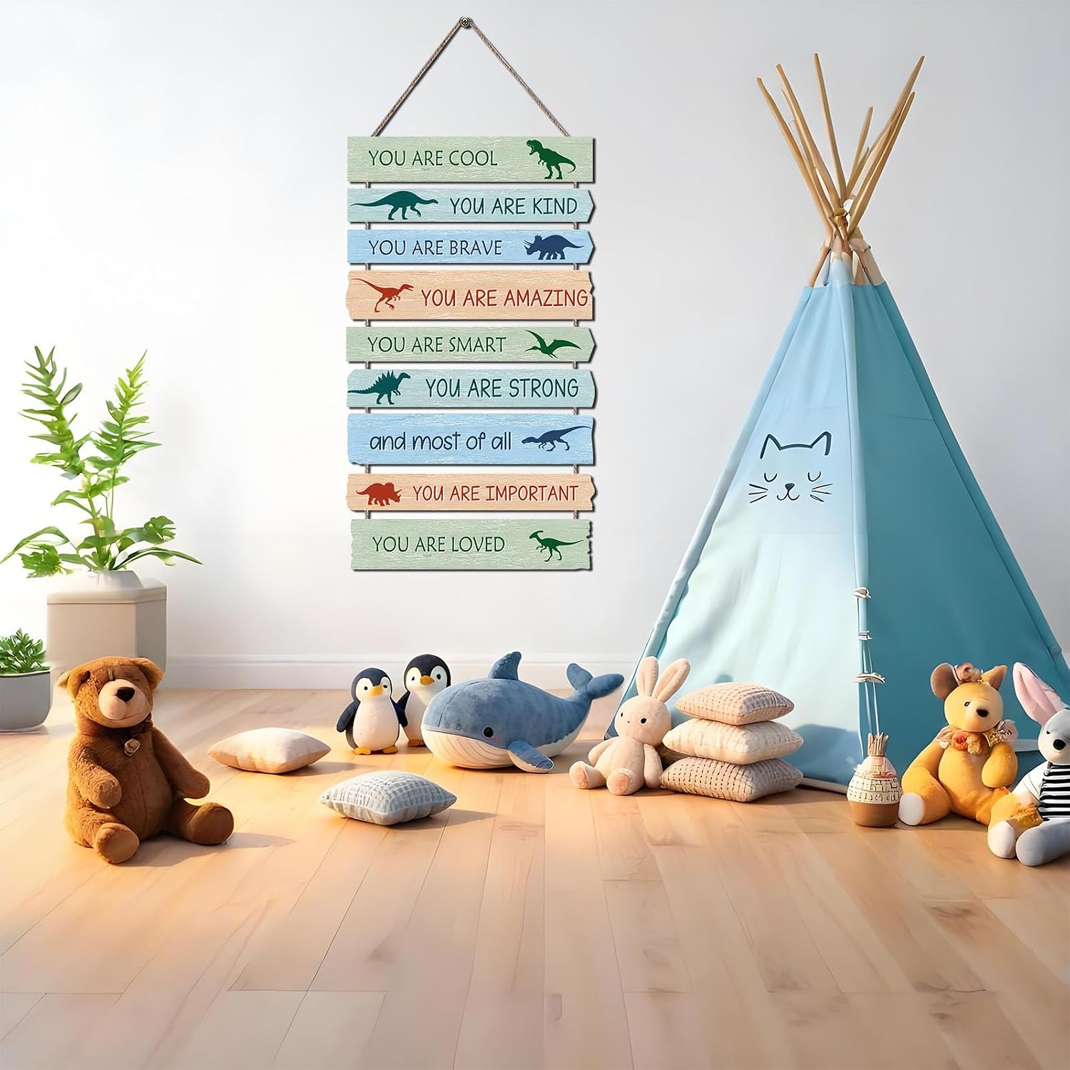 Dinosaur Wall Decor for Boys Room, 9-Piece Inspirational Wooden Signs with Positive Affirmations, Dino Nursery Decor for Toddler Kids Bedroom, Baby Boy Room Art with Motivational Quotes