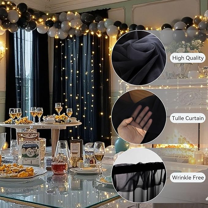 10×10ft Tulle Backdrop Curtains with Lights String - 300LED Fairy Lights Sheer Curtain Backdrop for Weddings Baby Shower and Birthday Party Decorations(6 Panels 5×10ft)