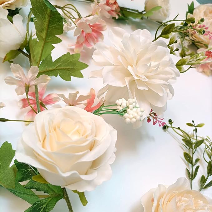 Peony Flower Garland, Rose Flower Swag, 6' Wedding Arch Flowers for Wedding Decor Home Table Runner Mantle Party Decor (Champagne Peony Garland)
